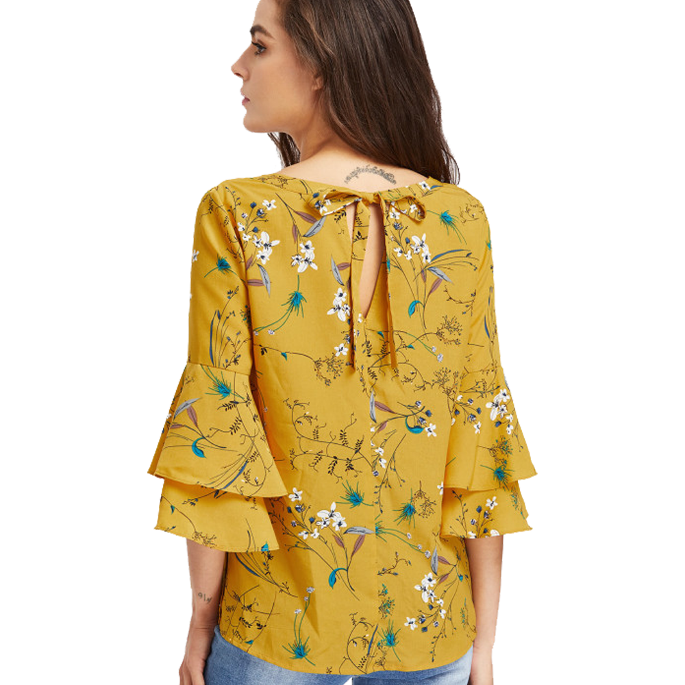 Trumpet Sleeve Tie Back Botanical Top