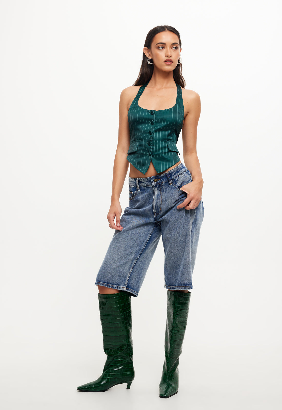 NYC HALTER TOP - GREEN PINSTRIPE