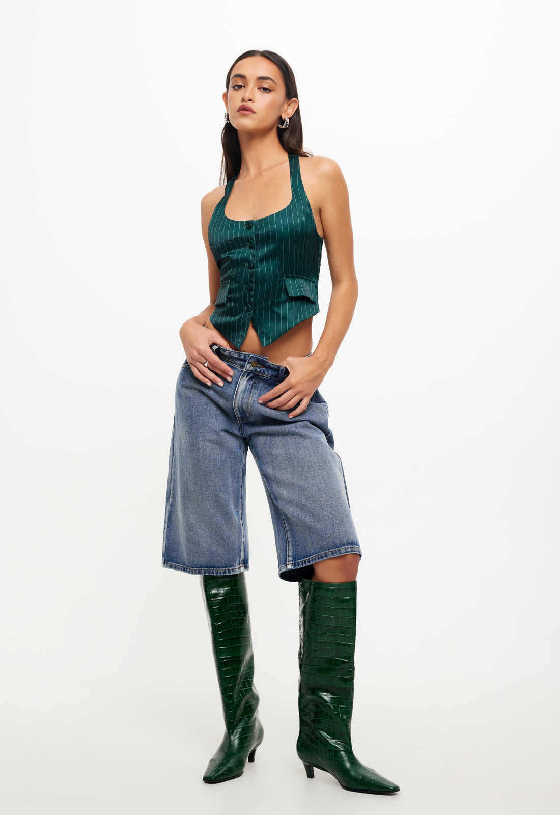 NYC HALTER TOP - GREEN PINSTRIPE