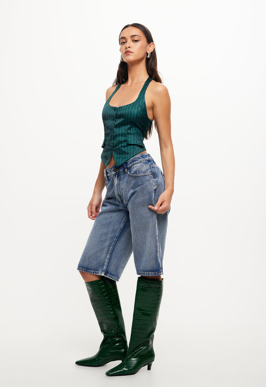 NYC HALTER TOP - GREEN PINSTRIPE