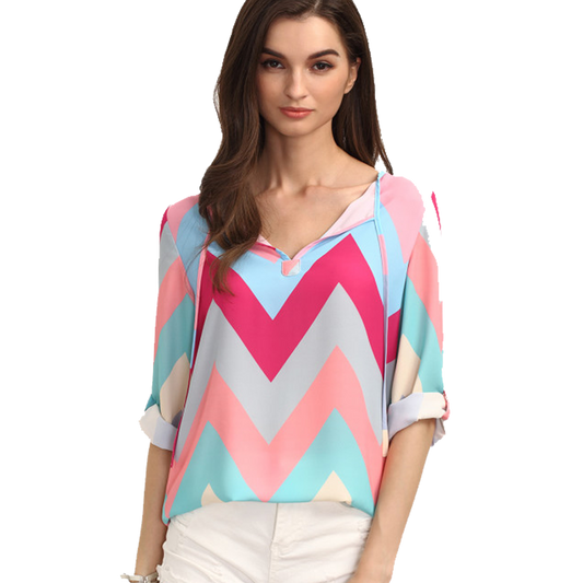 Zig-Zag Print Rolled Sleeve top