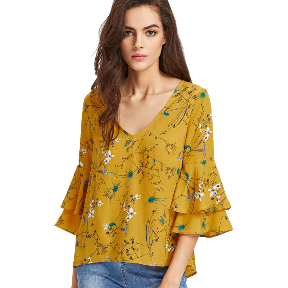 Trumpet Sleeve Tie Back Botanical Top