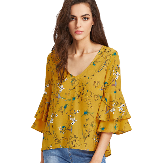 Trumpet Sleeve Tie Back Botanical Top
