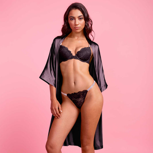 Vixen Black Bra, G-string Robe Set