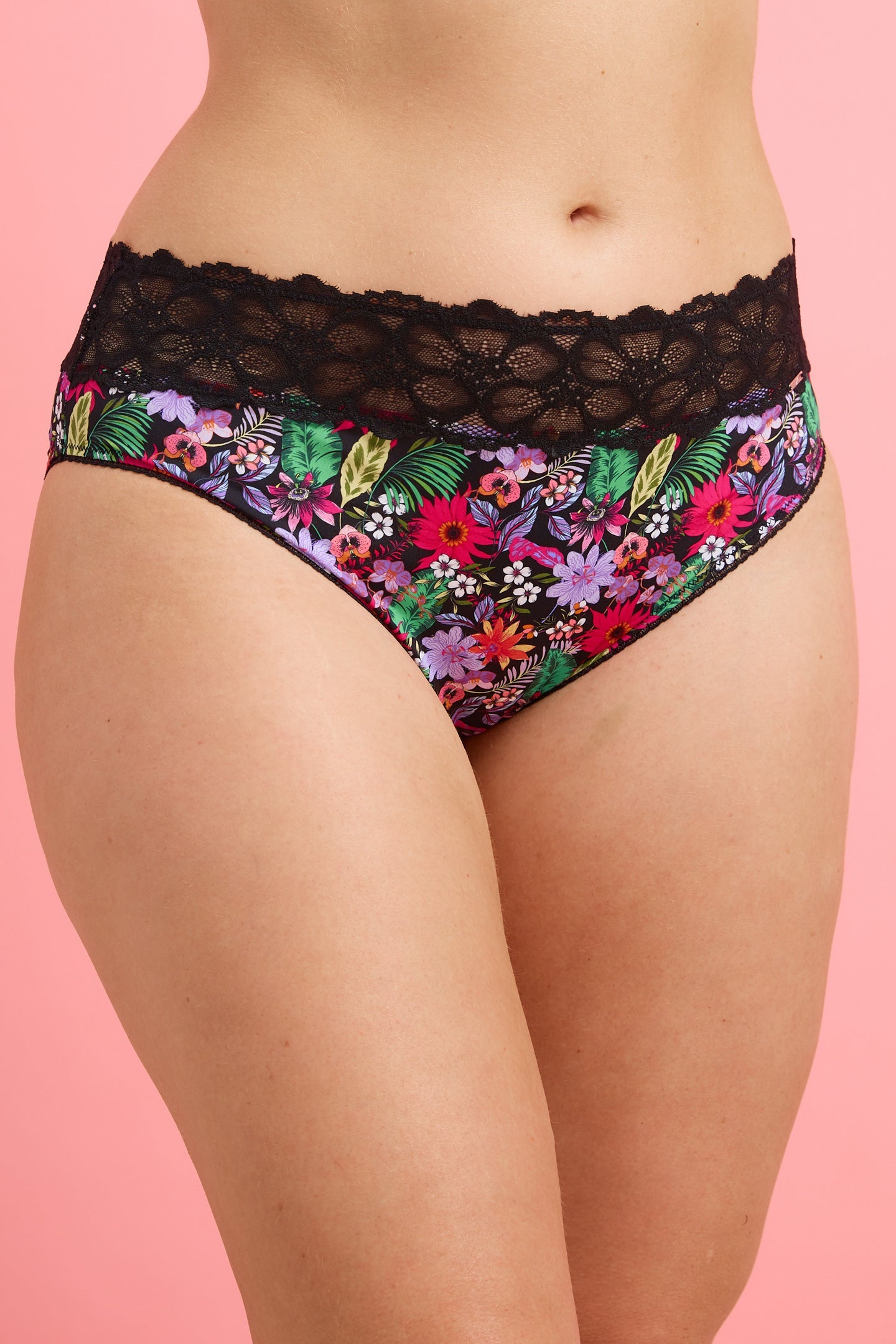 Tropical Floral Microfibre & Lace High Leg Bikini