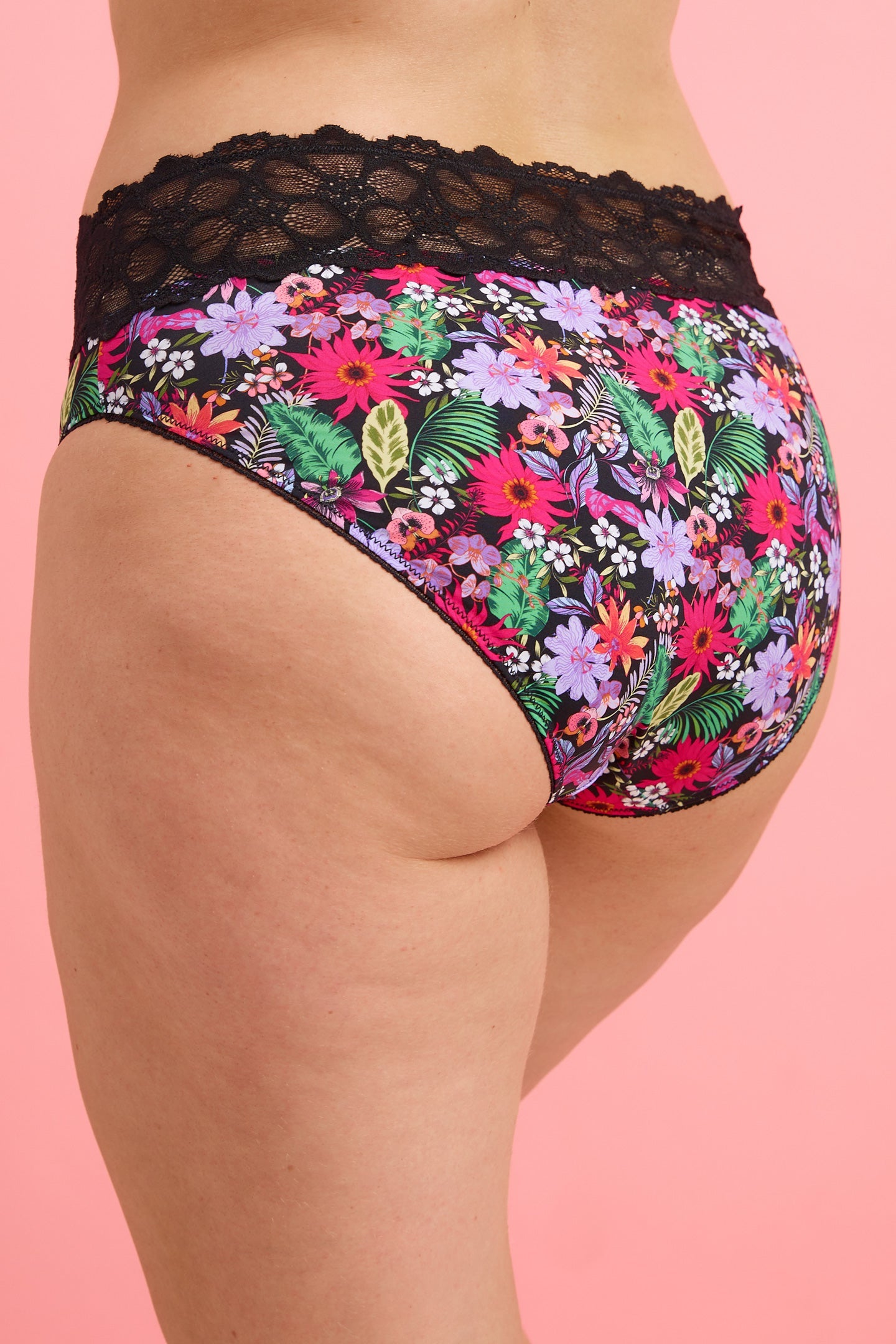 Tropical Floral Microfibre & Lace High Leg Bikini