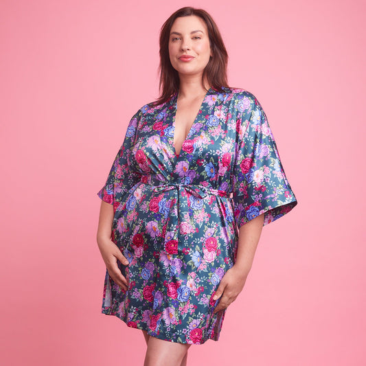 Vixen Emerald Floral Satin Robe