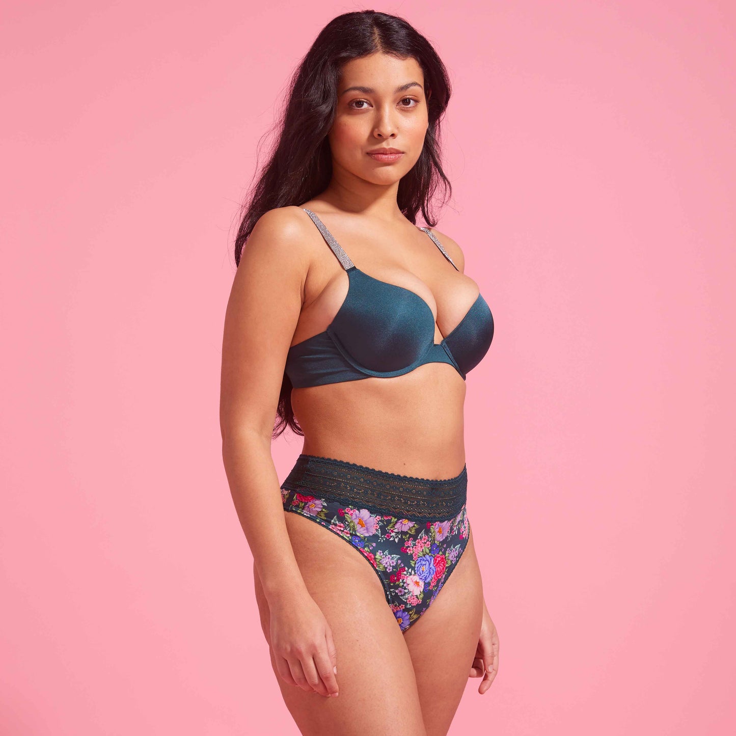 Emerald Green Floral Microfibre & Lace High Waist G-string Set