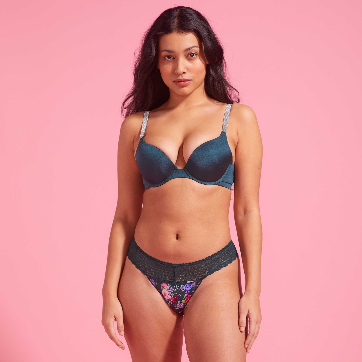 Emerald Green Floral Microfibre & Lace G-string Set