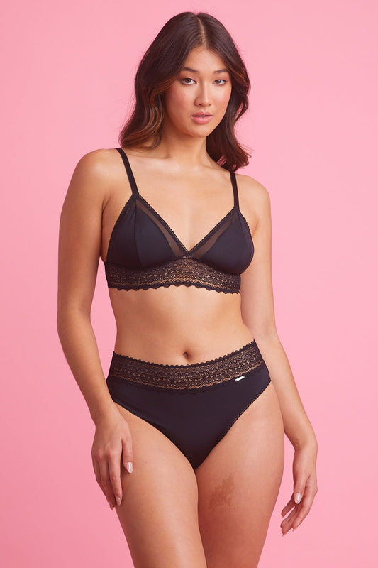Luxe Microfibre & Lace Black High Leg Bikini