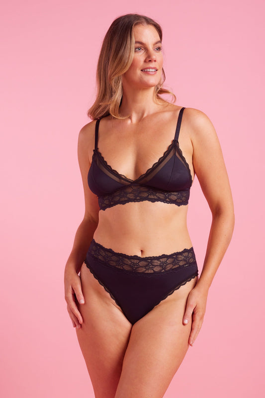 Black Microfibre & Lace High Leg Bikini