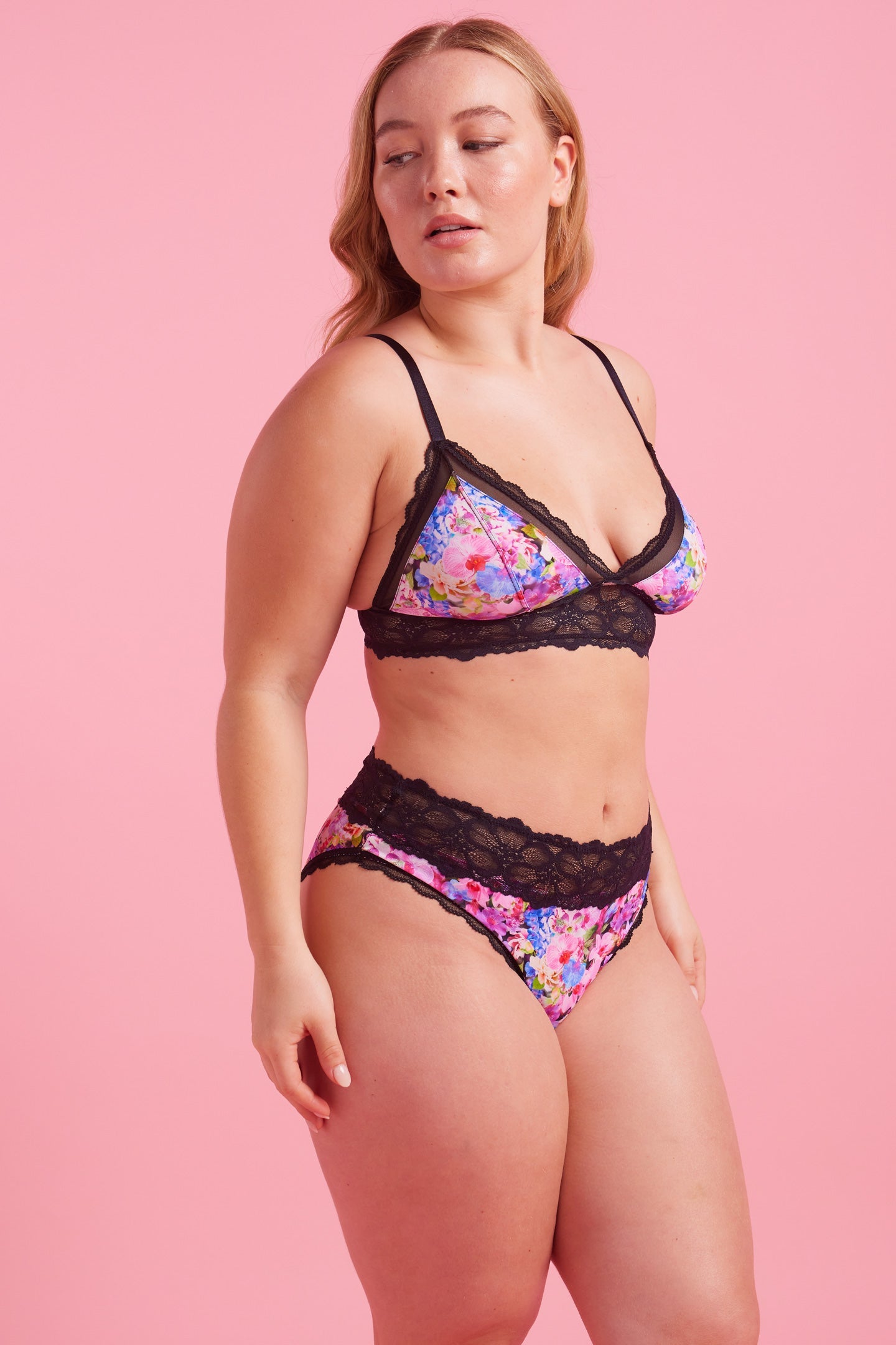 Microfibre & Lace Black Floral High Leg Bikini Set