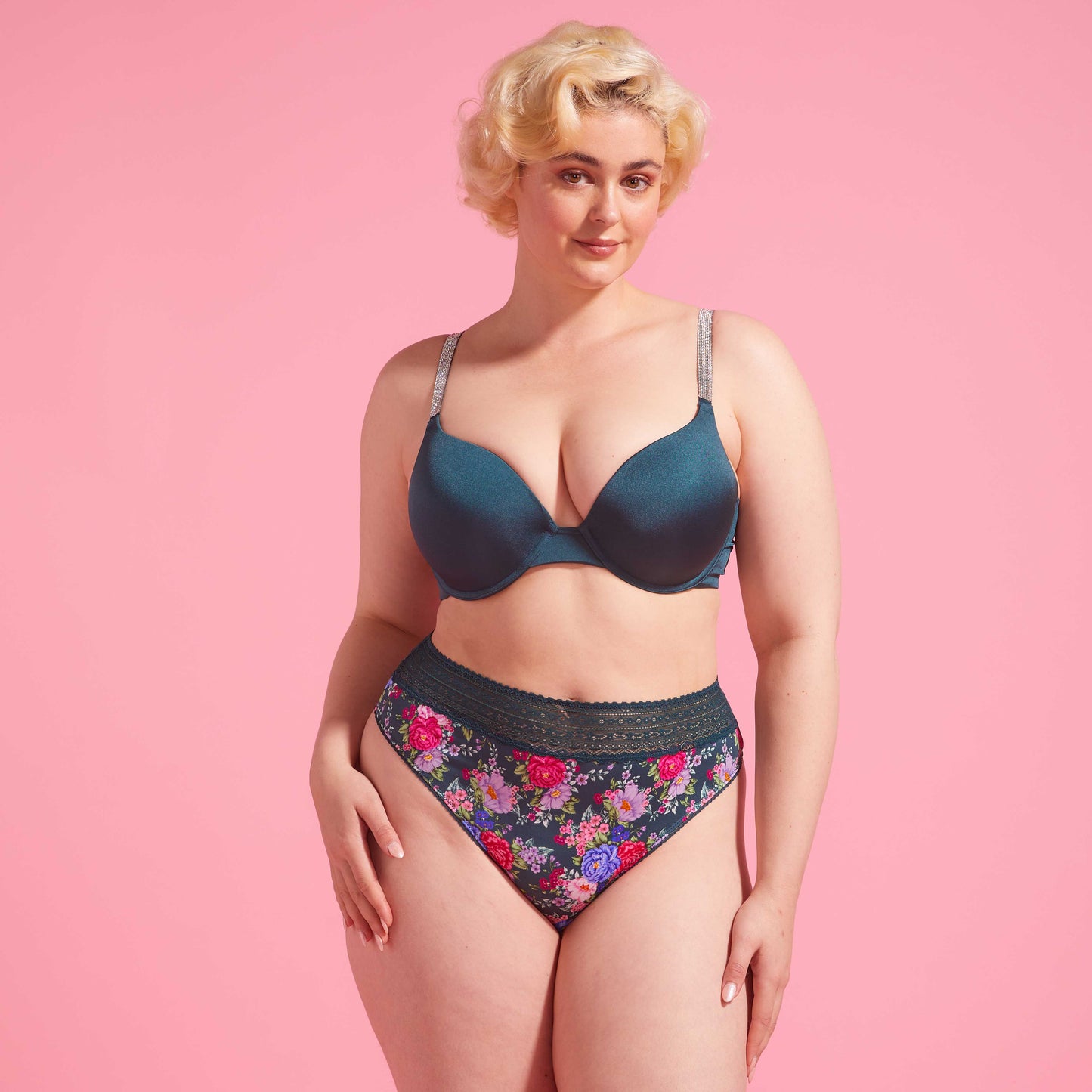 Emerald Green Floral Microfibre & Lace High Waist G-string Set