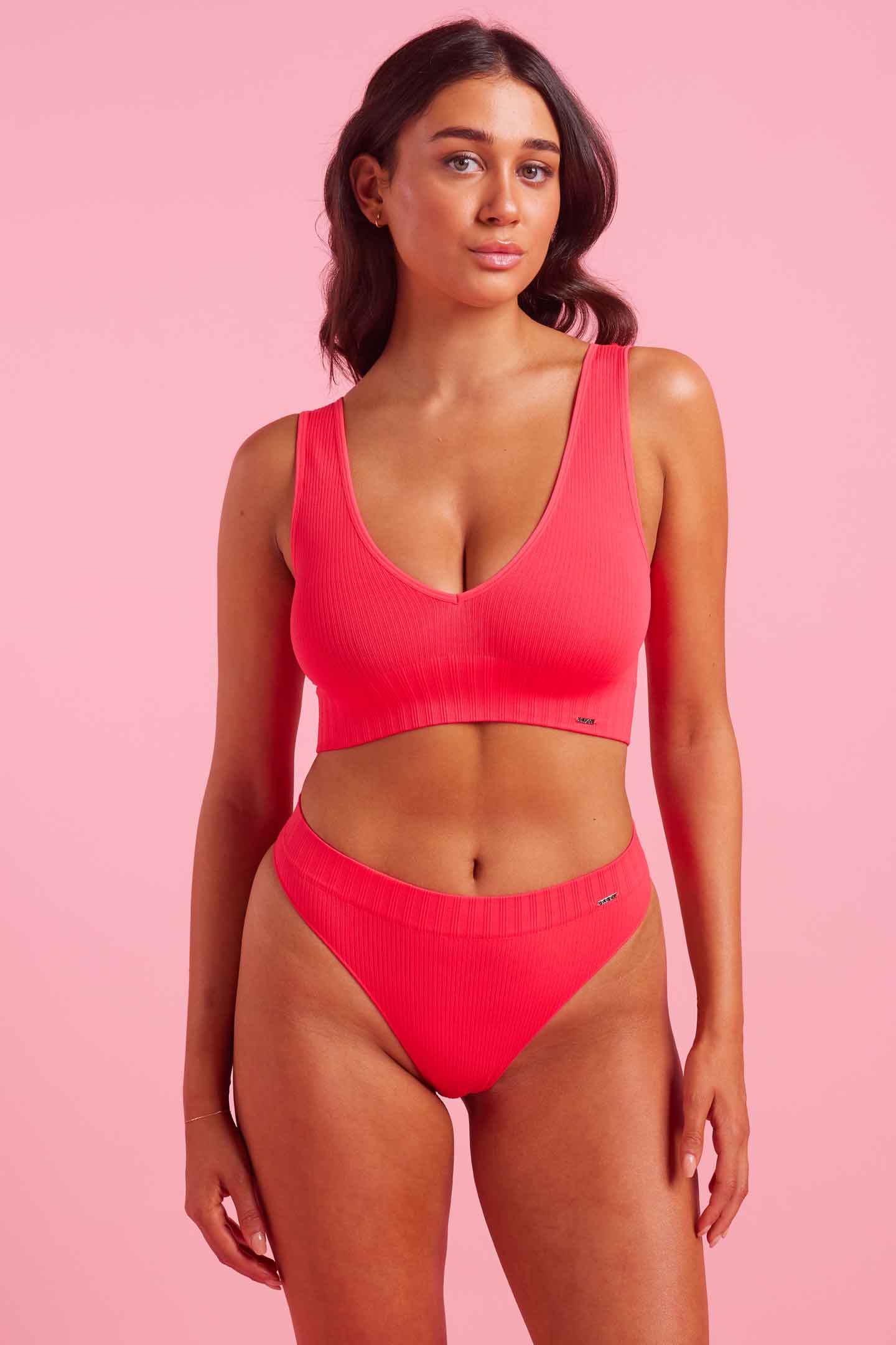 Coral Ribbed Seamfree High Waist G String Set