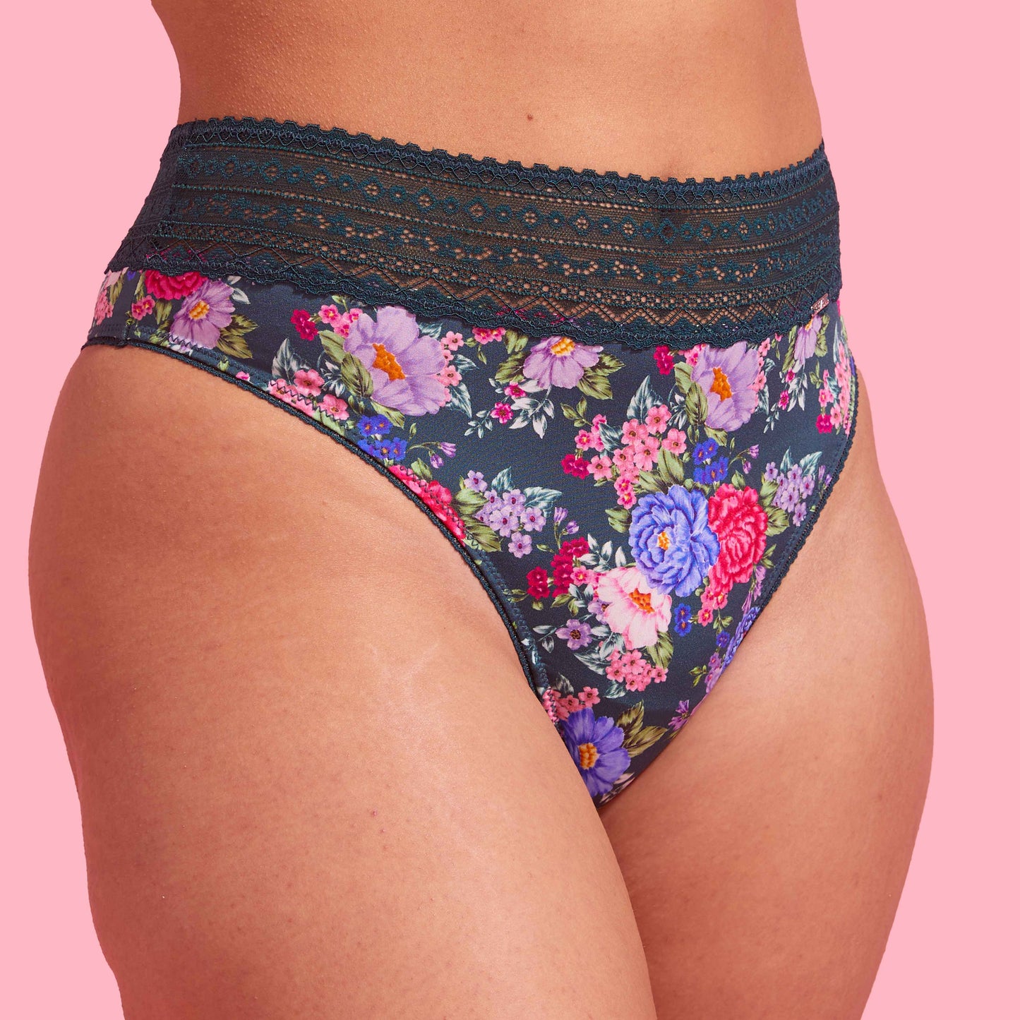 Emerald Green Floral Microfibre & Lace High Waist G-string Set