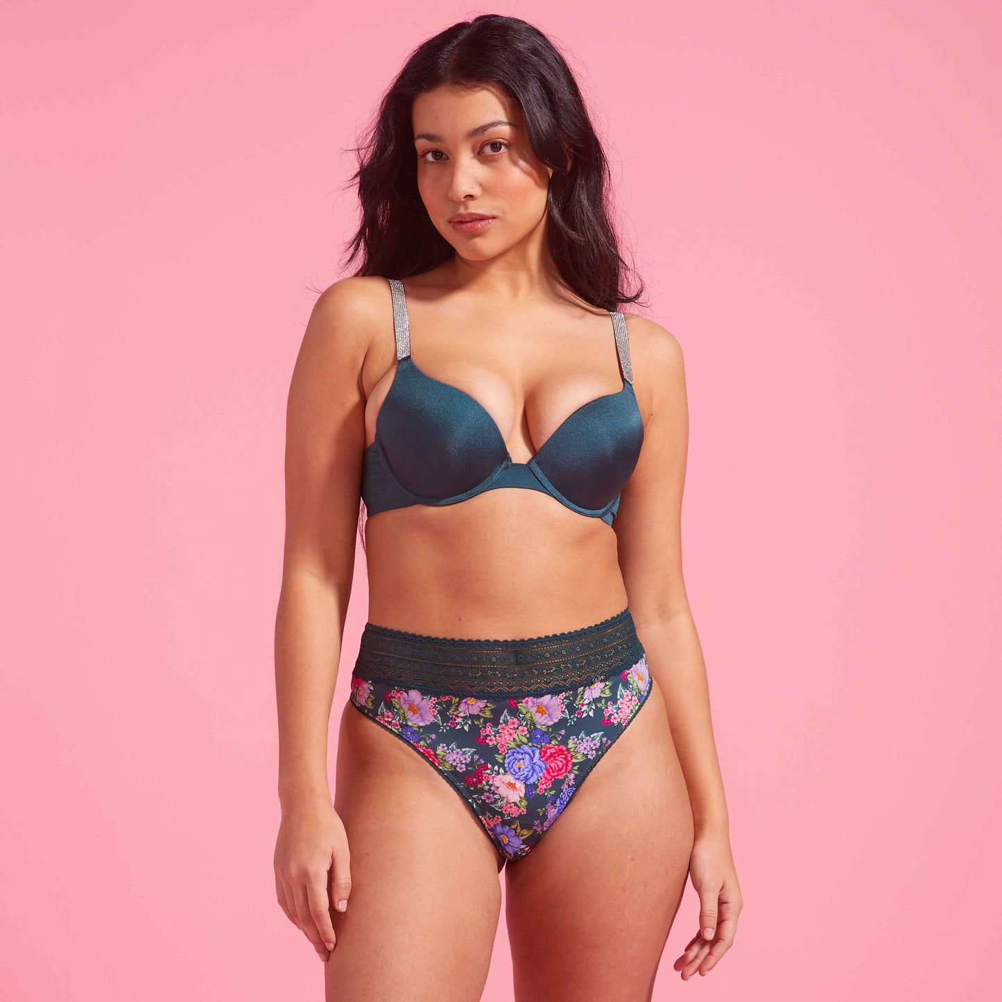 Emerald Green Floral Microfibre & Lace High Waist G-string Set