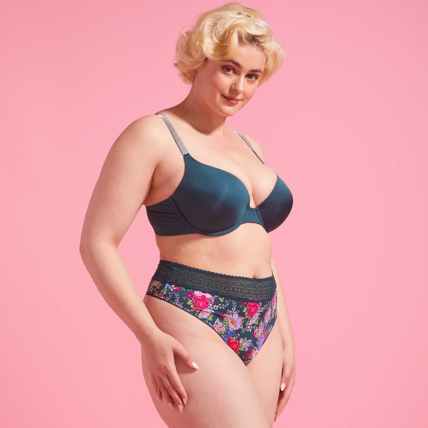 Emerald Green Floral Microfibre & Lace High Waist G-string Set