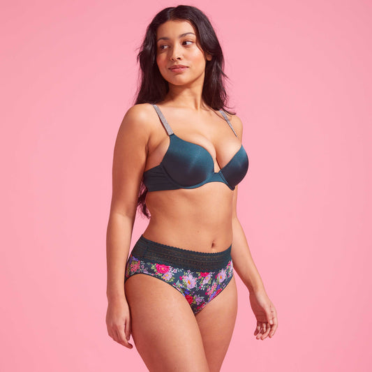 Emerald Green Floral Microfibre & Lace High Leg Bikini