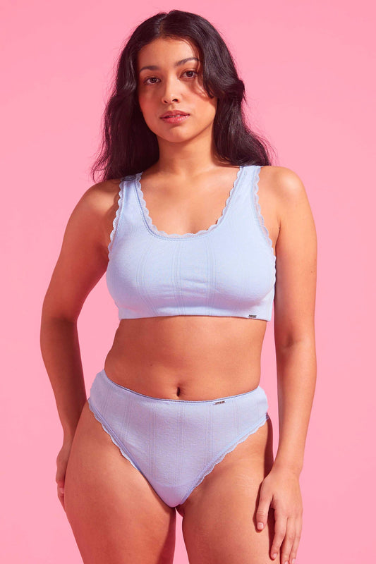 Charlotte Bell Blue Cotton Pointelle High Waist G-string Set