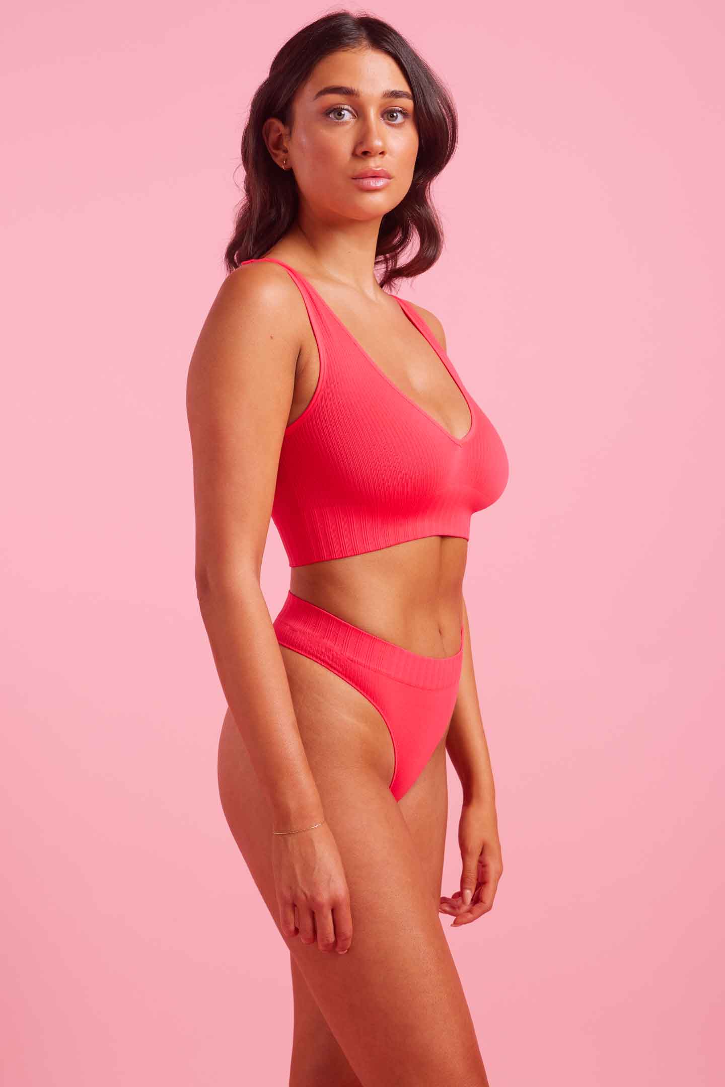 Coral Ribbed Seamfree High Waist G String Set