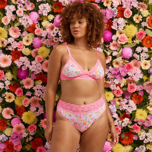 Retro Floral Microfibre & Lace High Waist G-string