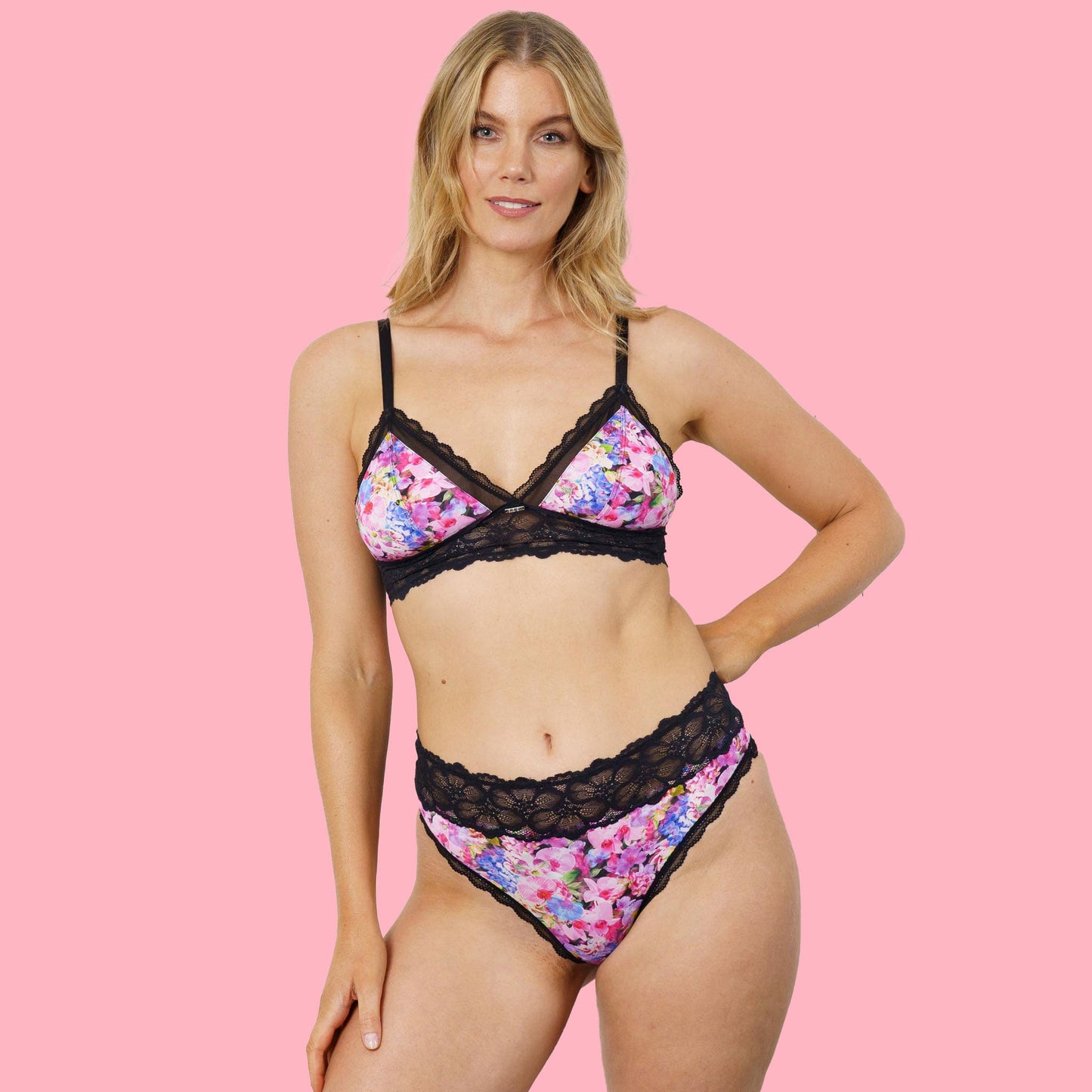 Microfibre & Lace Black Floral High Leg Bikini