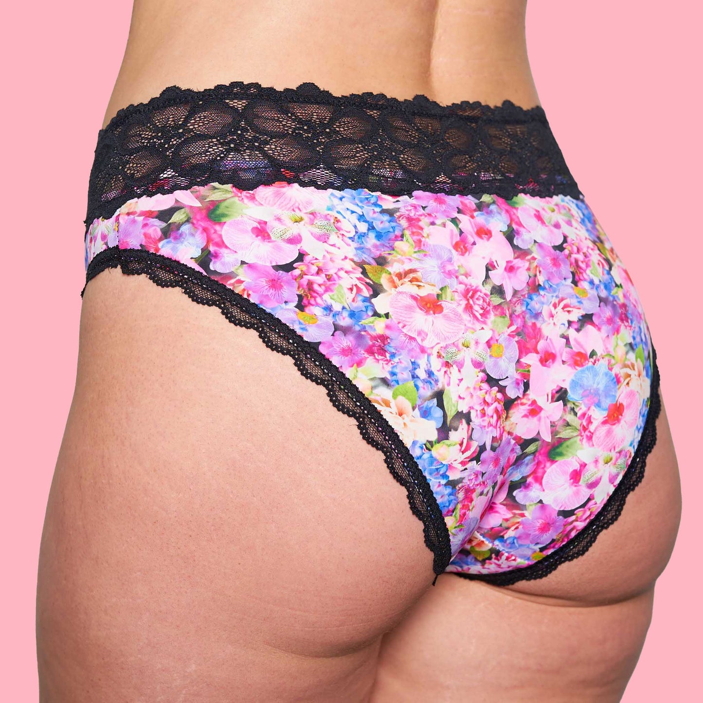 Microfibre & Lace Black Floral High Leg Bikini