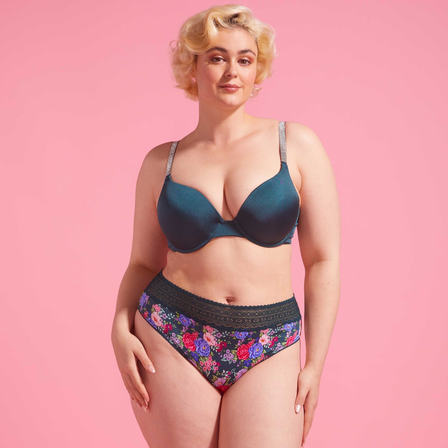 Emerald Green Floral Microfibre & Lace High Leg Bikini Set