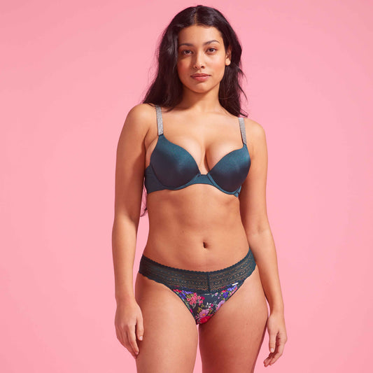 Emerald Green Floral Microfibre & Lace Bikini Set